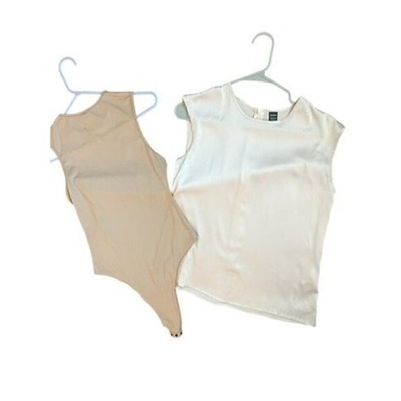 SHIEN Womens 2-Piece Bundle Beige Sleeveless Bodysuit & Satin Blouse Work Attire - Picture 1 of 5
